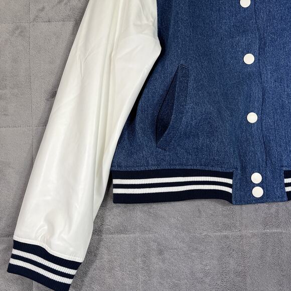 True Religion Guitar Buddha Varsity Jacket Women Large Denim White Retro Y2K NEW - Picture 5 of 12